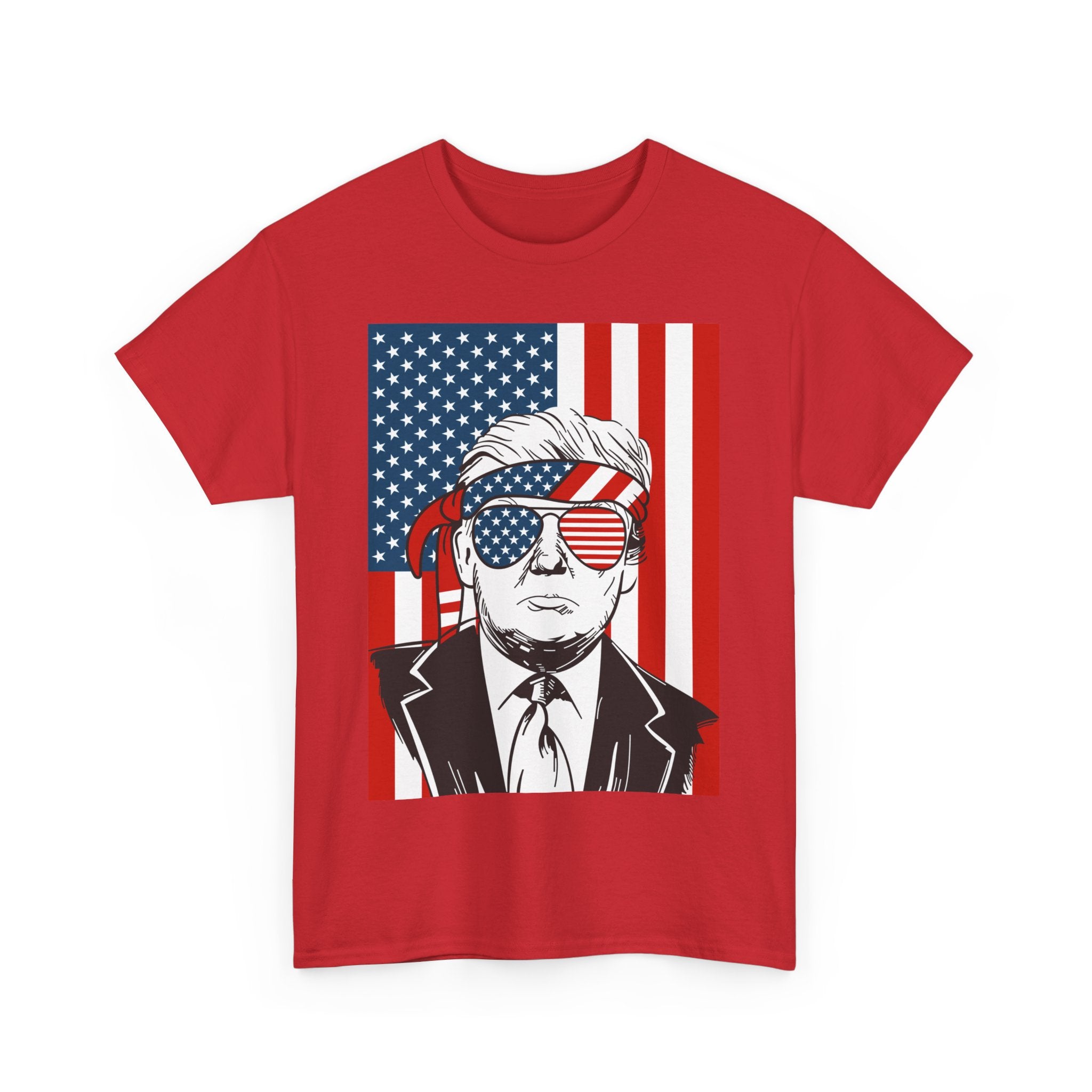 Trump 2024 Unisex Heavy Cotton Tee - Wearing Sunglasses, Trump 2024 Patriotic Flag