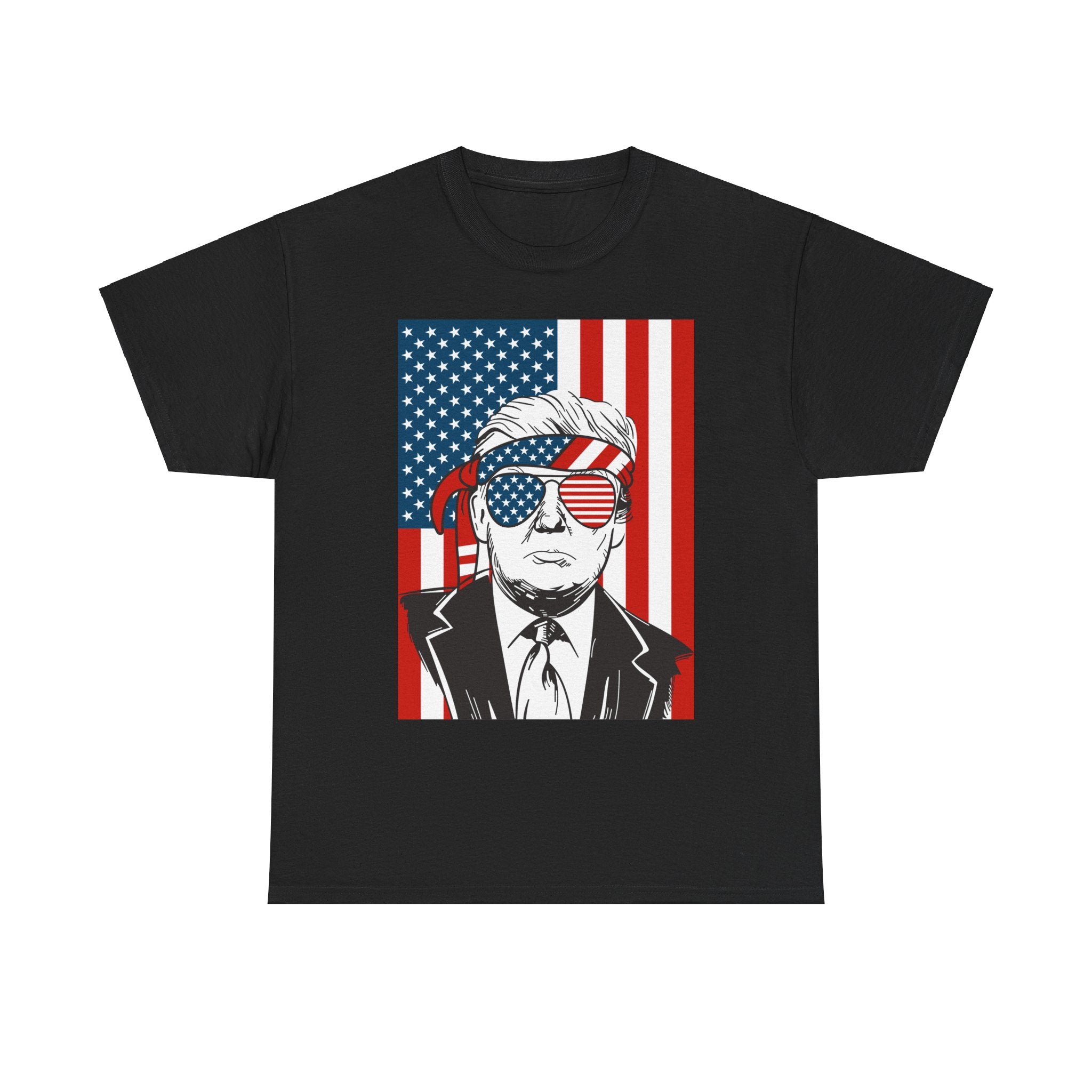 Trump 2024 Unisex Heavy Cotton Tee - Wearing Sunglasses, Trump 2024 Patriotic Flag