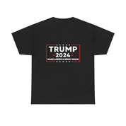 Trump 2024 Unisex Heavy Cotton Tee - Wearing Sunglasses, Trump 2024 Patriotic Flag