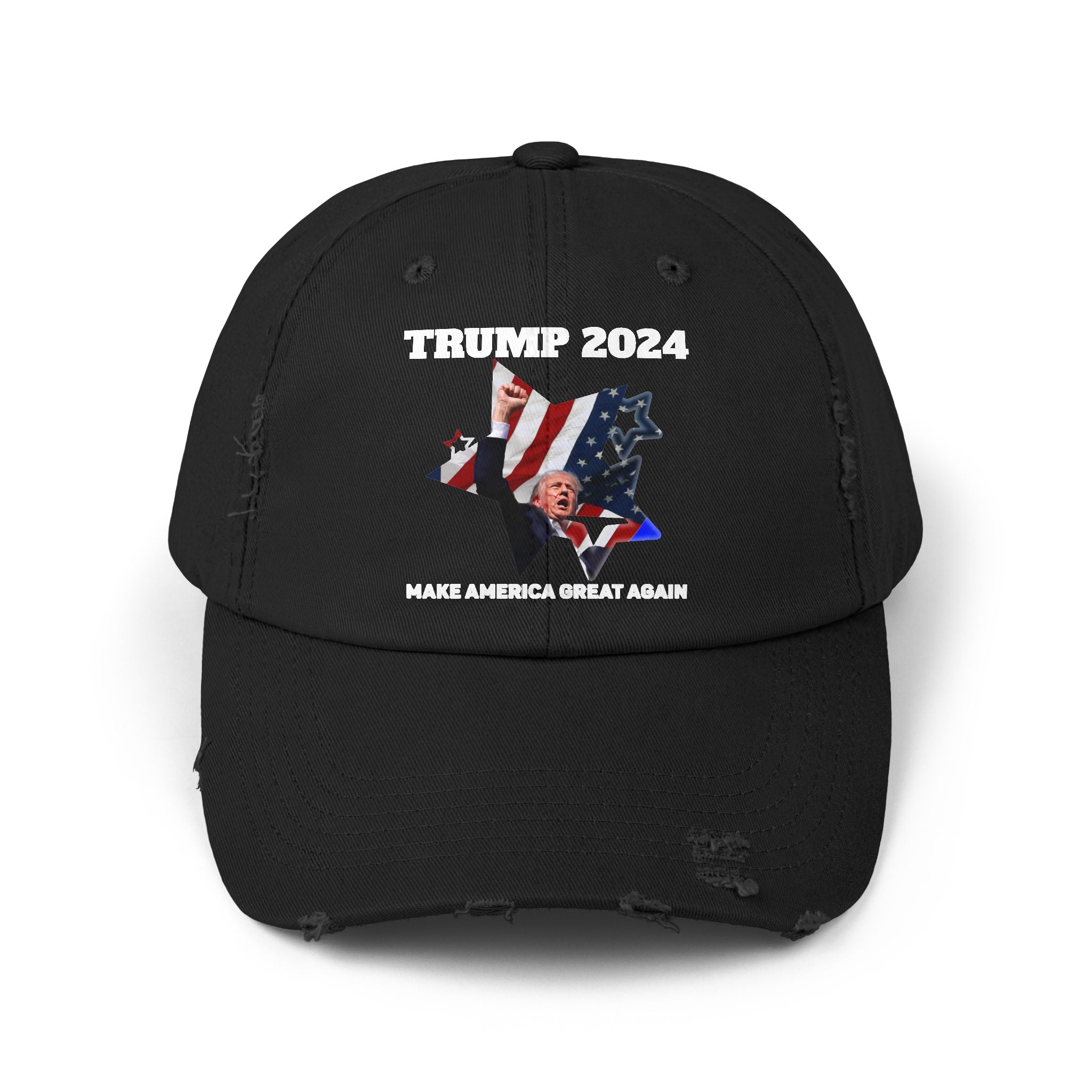 Distressed Trump 2024 Low-Profile Cap - 100% Cotton Twill, Adjustable D-Ring Closure, Patriotic Design