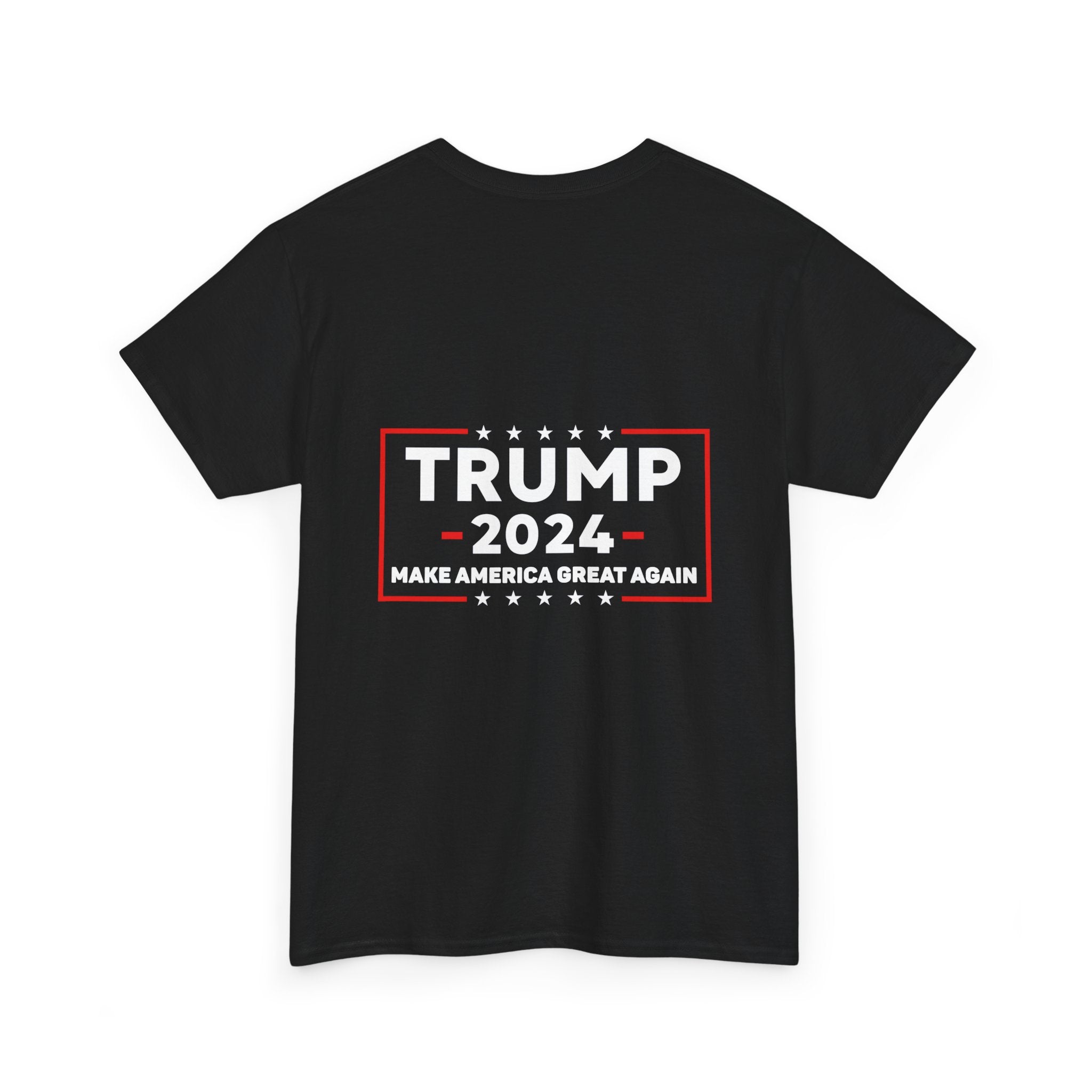 Trump 2024 Unisex Heavy Cotton Tee - Wearing Sunglasses, Trump 2024 Patriotic Flag