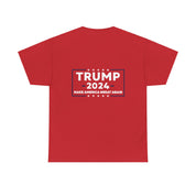 Trump 2024 Unisex Heavy Cotton Tee - Wearing Sunglasses, Trump 2024 Patriotic Flag