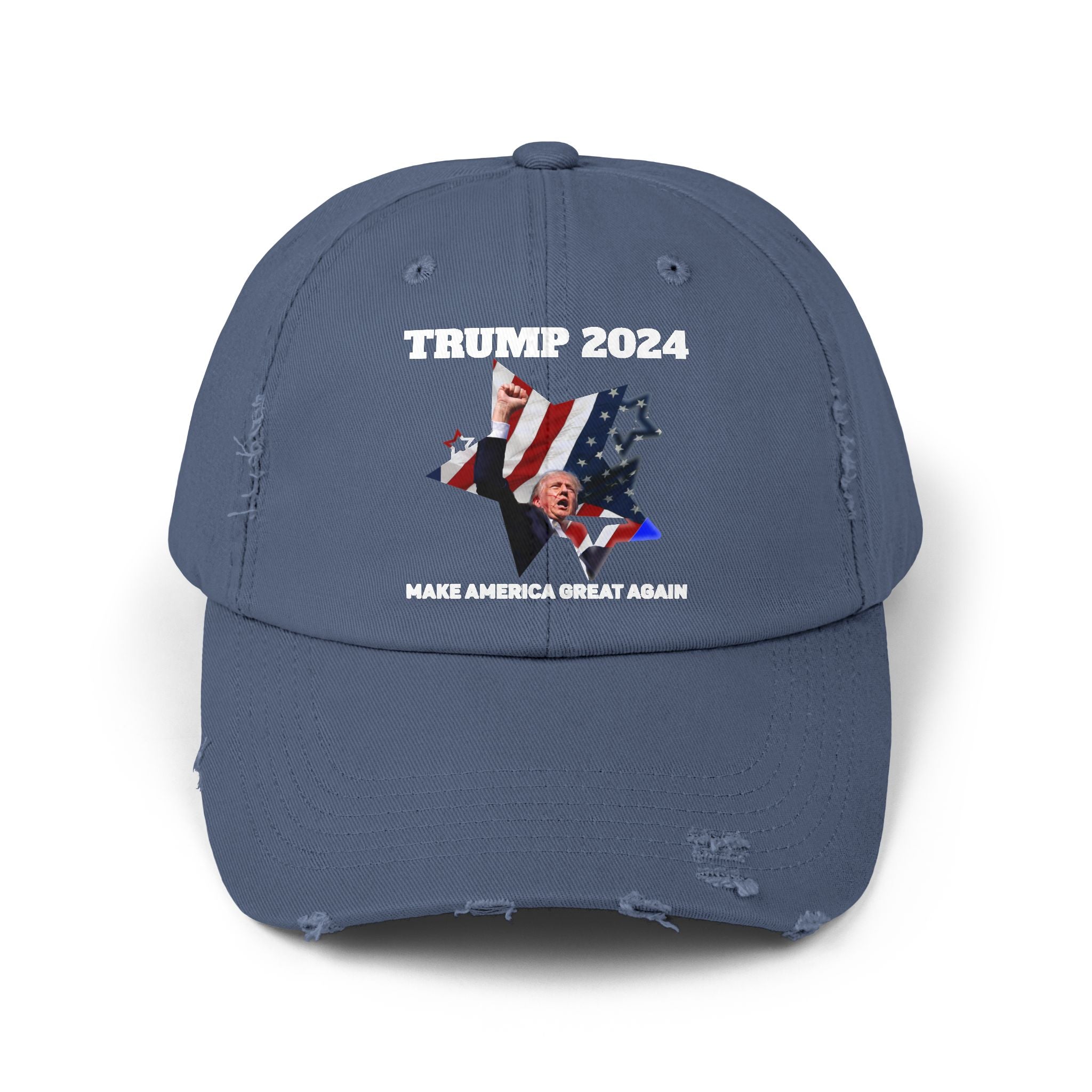 Distressed Trump 2024 Low-Profile Cap - 100% Cotton Twill, Adjustable D-Ring Closure, Patriotic Design