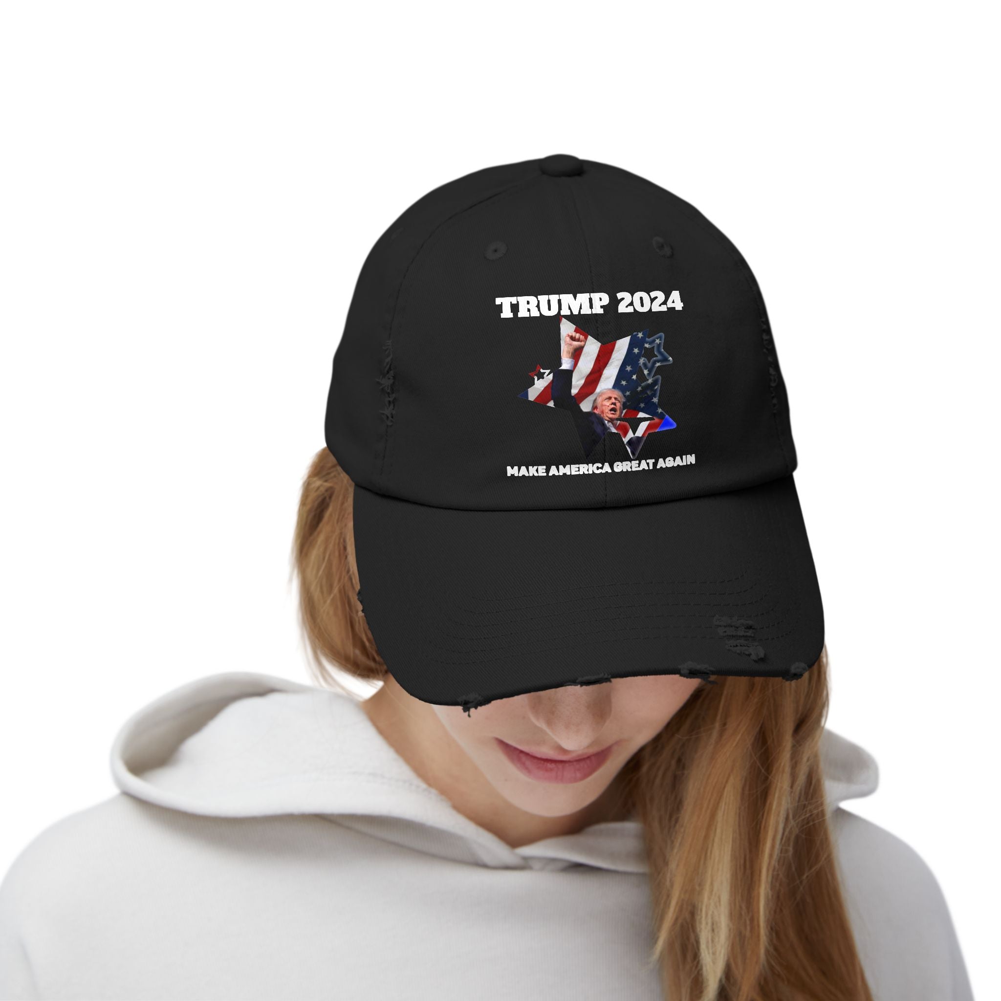 Distressed Trump 2024 Low-Profile Cap - 100% Cotton Twill, Adjustable D-Ring Closure, Patriotic Design