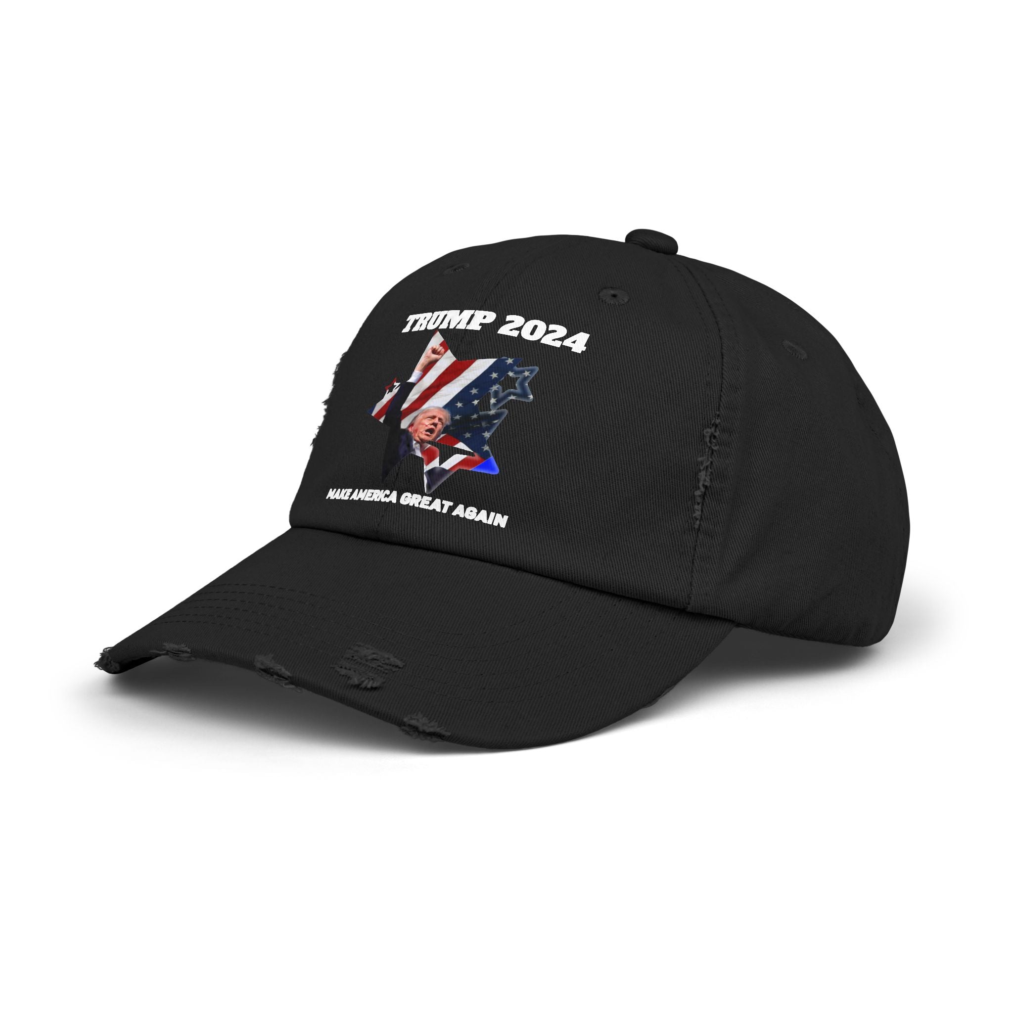 Distressed Trump 2024 Low-Profile Cap - 100% Cotton Twill, Adjustable D-Ring Closure, Patriotic Design